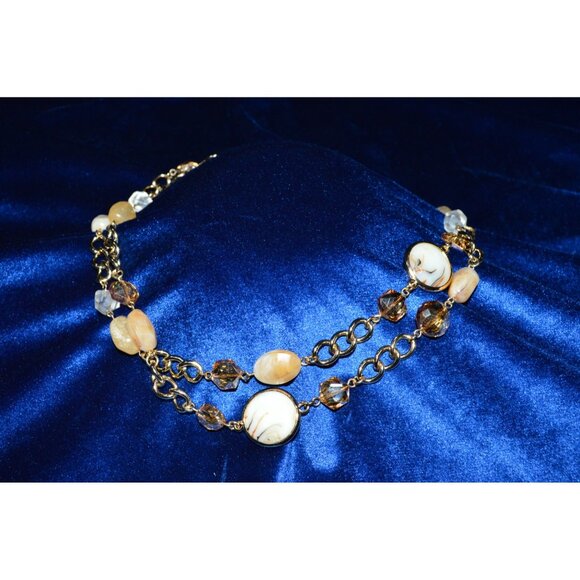 Premier Designs Gold Tone Link Necklace Gold White Clear Beads - Picture 1 of 7